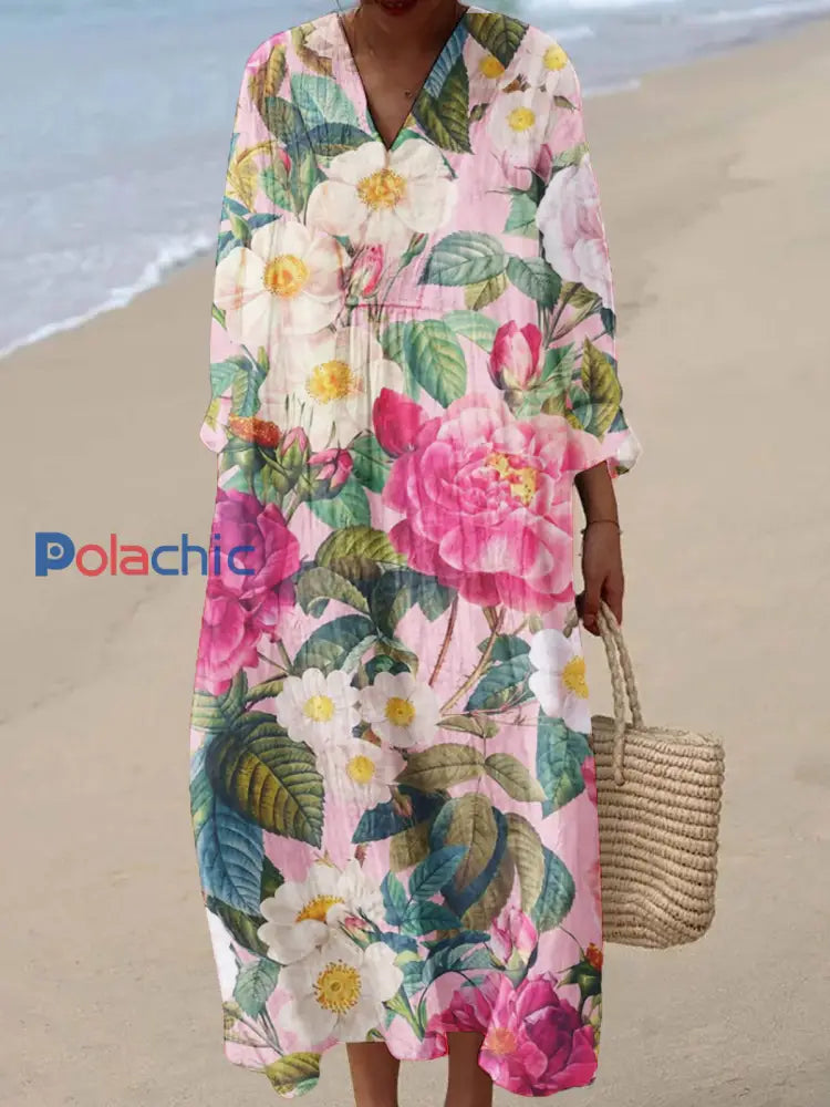 Robe en coton imprimé floral vintage pour femmes Rose / S