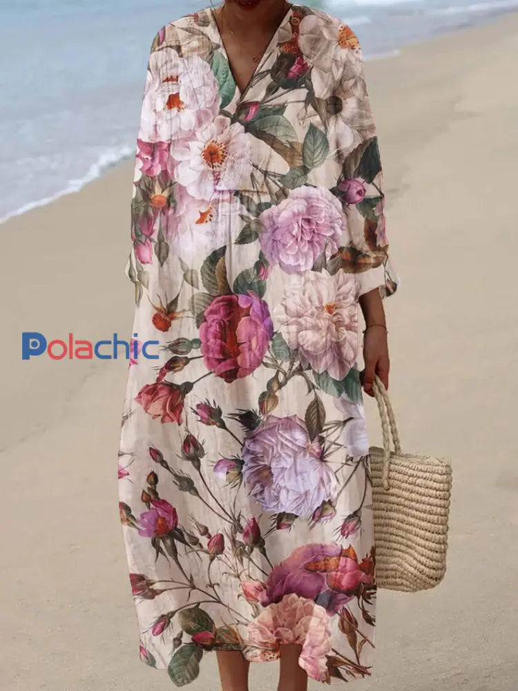 Robe en coton imprimé floral vintage pour femmes Rose / S