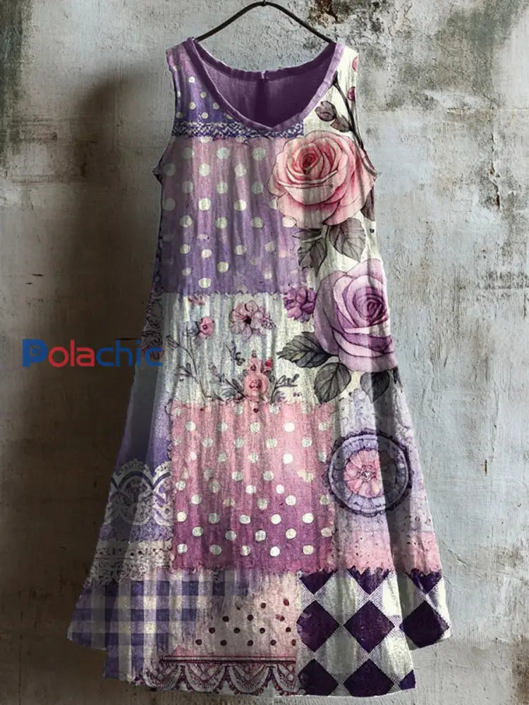 Robe en lin à imprimé floral patchwork pour femmes comme image / S