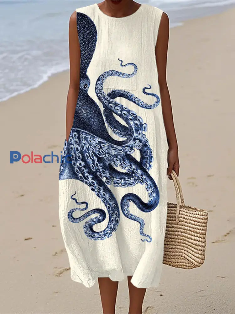 Robe en lin vintage à imprimé art pieuvre pour femme comme image / S