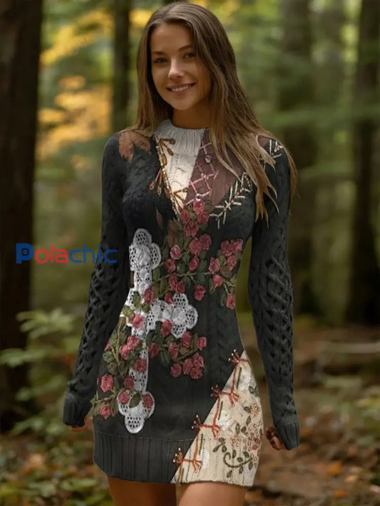 Robe en patchwork à imprimé croisé en dentelle pour femmes Noir / S