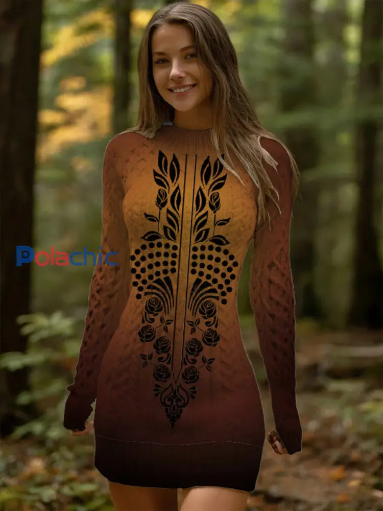 Robe en tricot à imprimé floral marron élégant pour femmes Multicolore / S