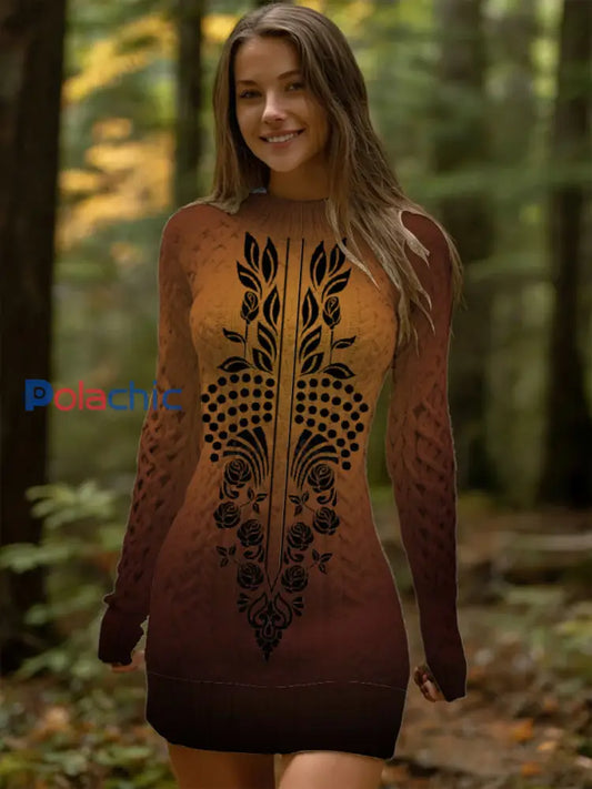 Robe en tricot à imprimé floral marron élégant pour femmes Multicolore / S