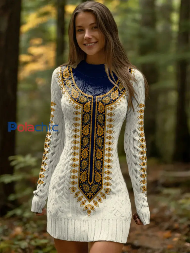 Robe Femme À Imprimé Cachemire Bleu Marine Et Or Vibrant En Tricot À Câble Multicolore / S