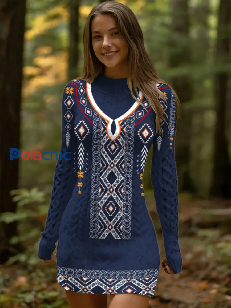 Robe Femme Bleu Breux Motif Tribal En Tricot À Câble Multicolore / S