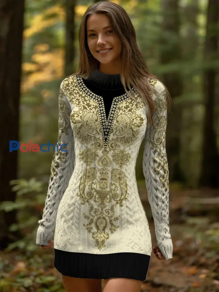 Robe Femme Crème Et Or Luxe Motif Paisley Deux Tons En Tricot À Câble Multicolore / S
