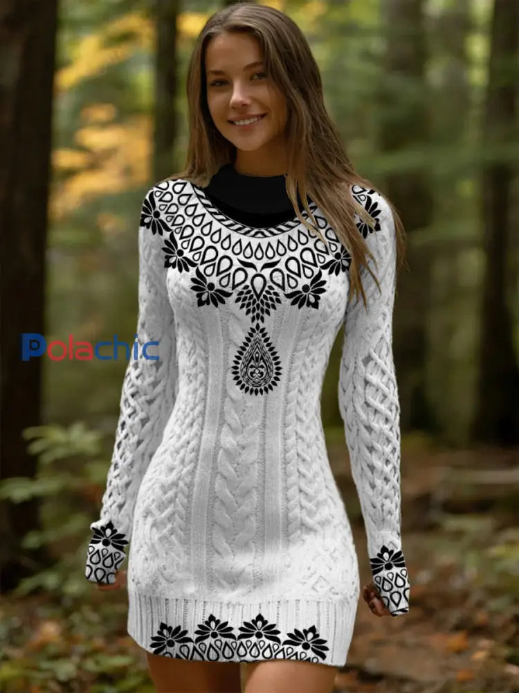 Robe Femme Élégante En Tricot Blanc À Motifs Noirs Multicolore / S