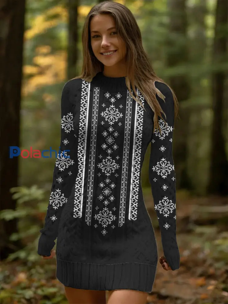 Robe Femme Festive En Tricot Noir Imprimé Flocon De Neige Multicolore / S