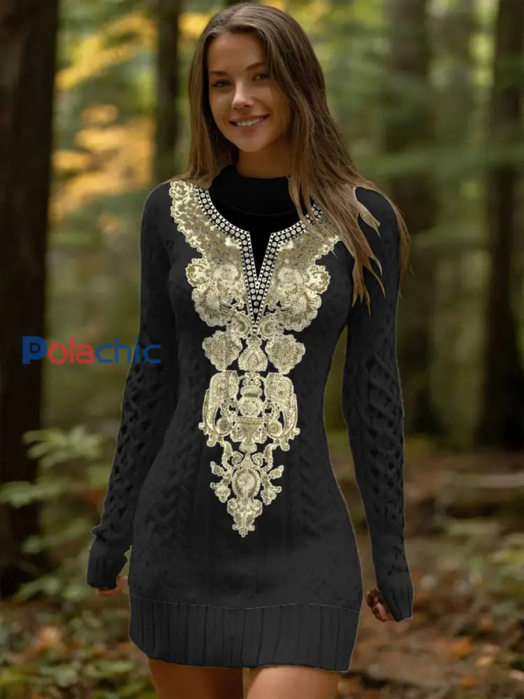 Robe Femme Noir Luxe Brodée Or Multicolore / S