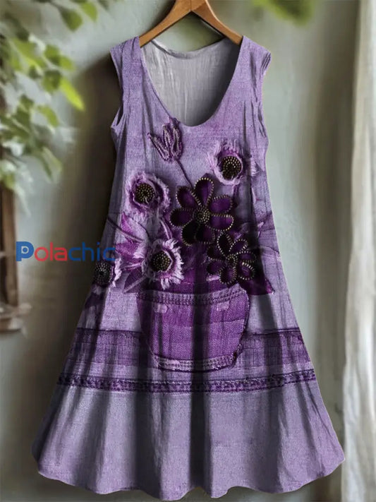 Robe Femme Violet Flora Art Imprimé à Col V comme image / S