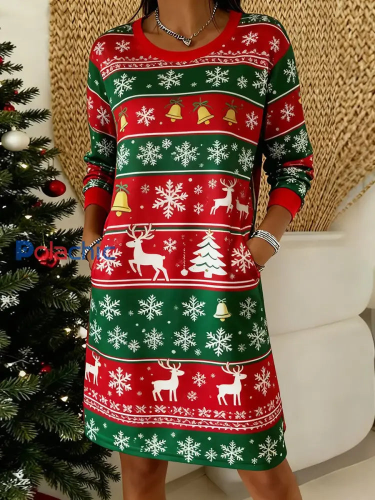 Robe imprimée de Noël vintage pour femmes Rouge / S