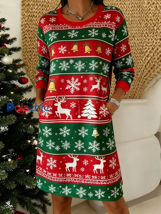 Robe imprimée de Noël vintage pour femmes Rouge / S