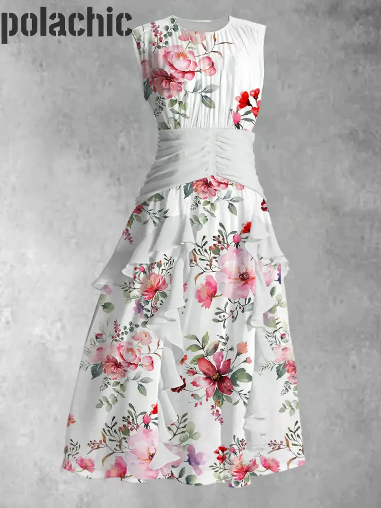 Robe Longue À Col Rond Et Imprimé Floral Rétro Pour Femmes