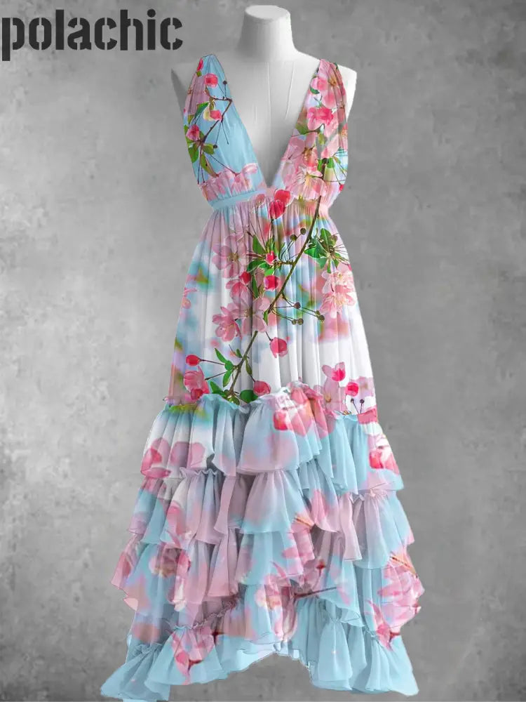 Robe Mi-Longue À Imprimé Floral En Mousseline De Soie Élégante Sans Manches A / S