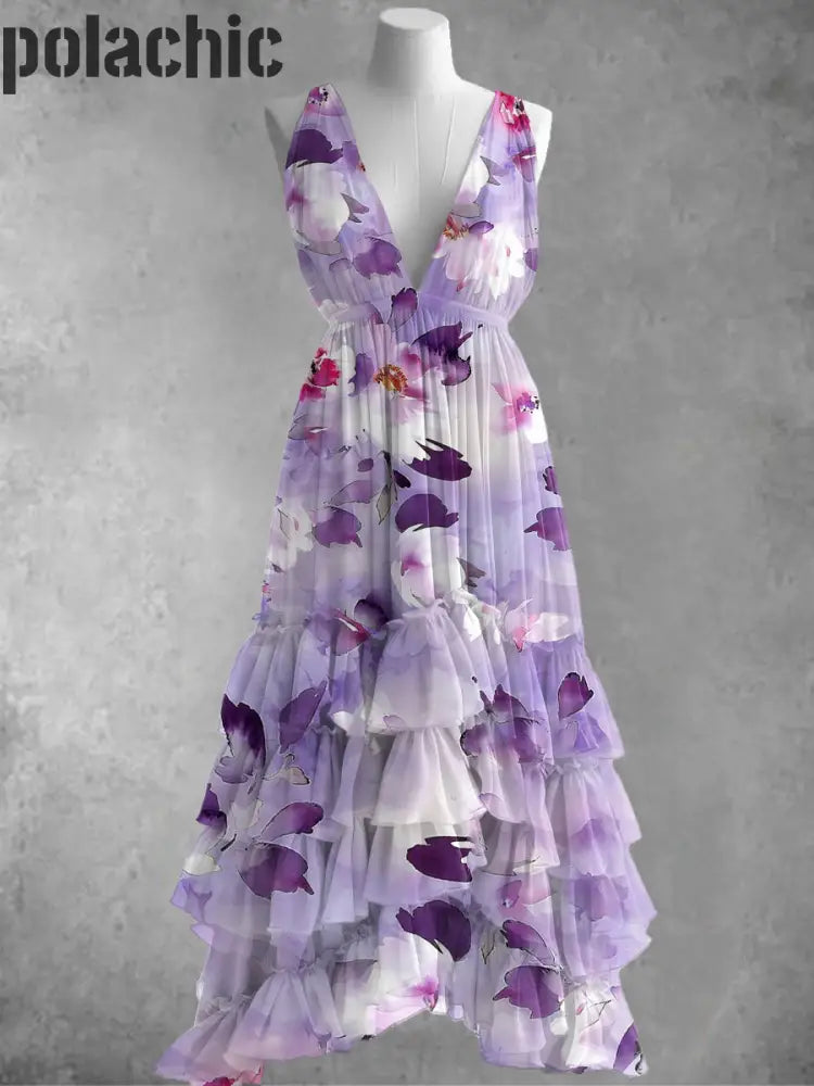 Robe Mi-Longue À Imprimé Floral En Mousseline De Soie Élégante Sans Manches A / S