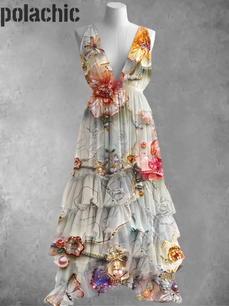 Robe Mi-Longue À Imprimé Floral En Mousseline De Soie Élégante Sans Manches A / S