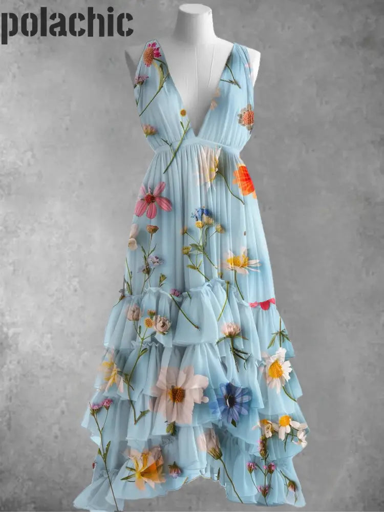 Robe Mi-Longue À Imprimé Floral En Mousseline De Soie Élégante Sans Manches A / S