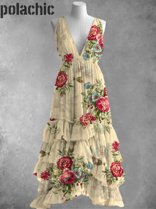 Robe Mi-Longue À Imprimé Floral En Mousseline De Soie Élégante Sans Manches A / S