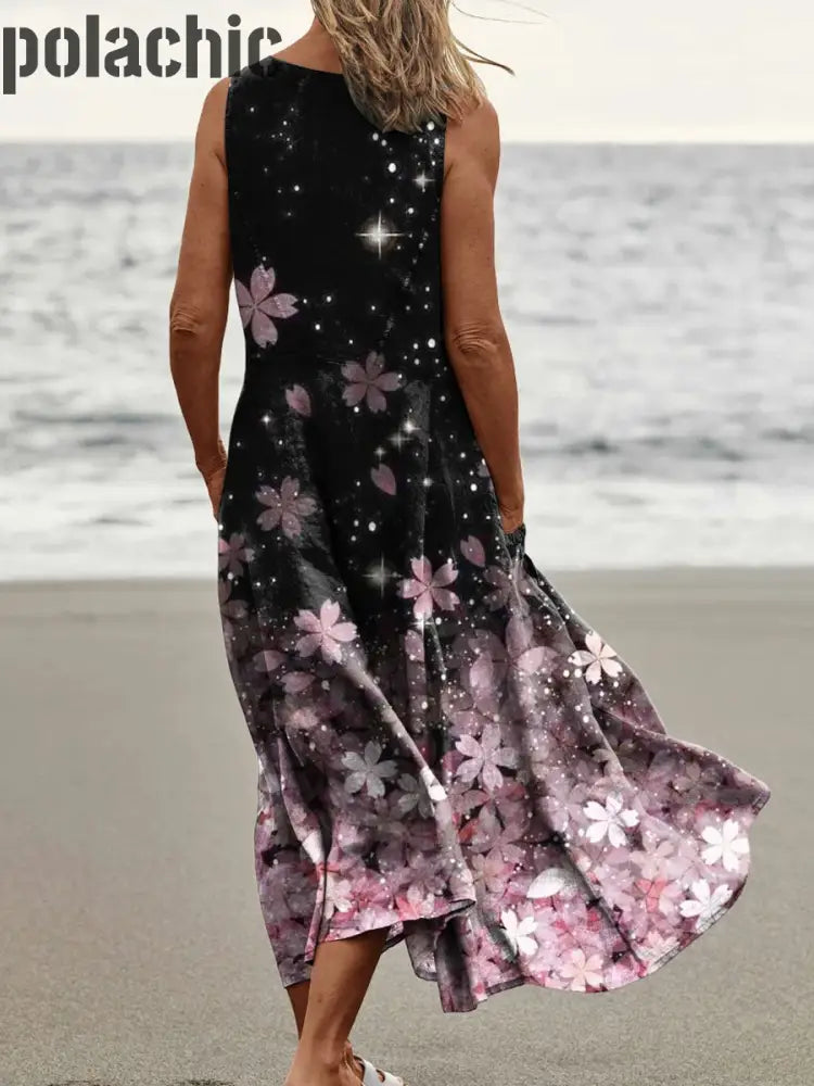 Robe Midi Décontractée À Col Rond Et Imprimé Floral Sans Manches Pour Femmes