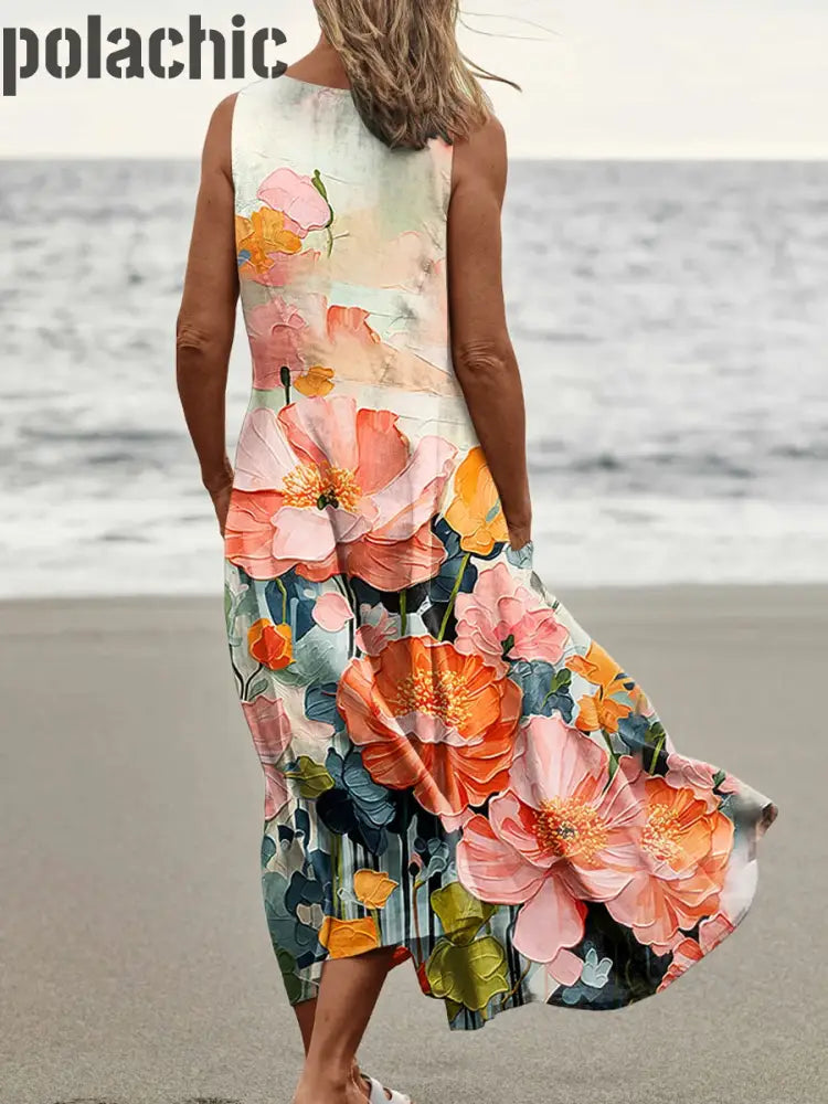 Robe Midi Décontractée À Col Rond Et Imprimé Floral Sans Manches Pour Femmes