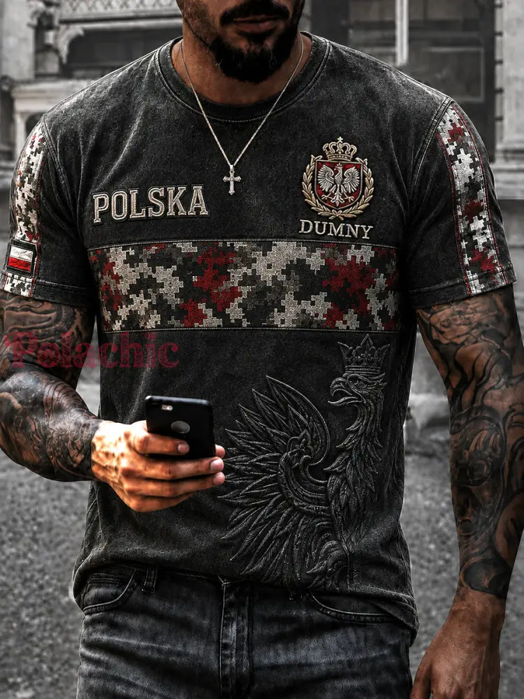 Rocznikowa polska koszulka z patchworkiem w stylu wojskowym upamiętniająca kombatantów - Jak na zdjęciu / S