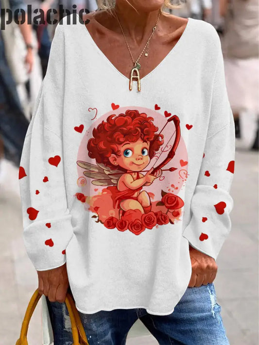 Romance Cupidon Valentine’s Print Pull À La Mode Col En V Décontracté Lâche Haut Manches