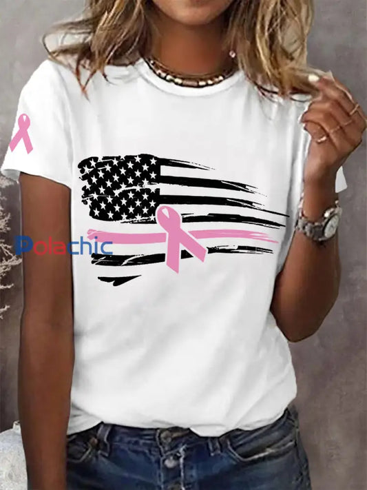 Ruban rose Drapeau américain Soutien de sensibilisation au cancer du sein Tee Blanc / S