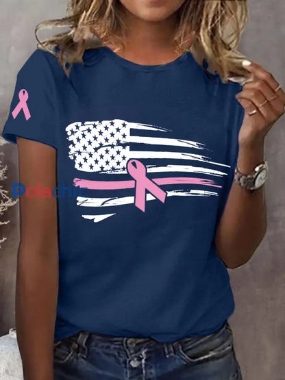 Ruban rose Drapeau américain Soutien de sensibilisation au cancer du sein Tee Bleu Marine / S