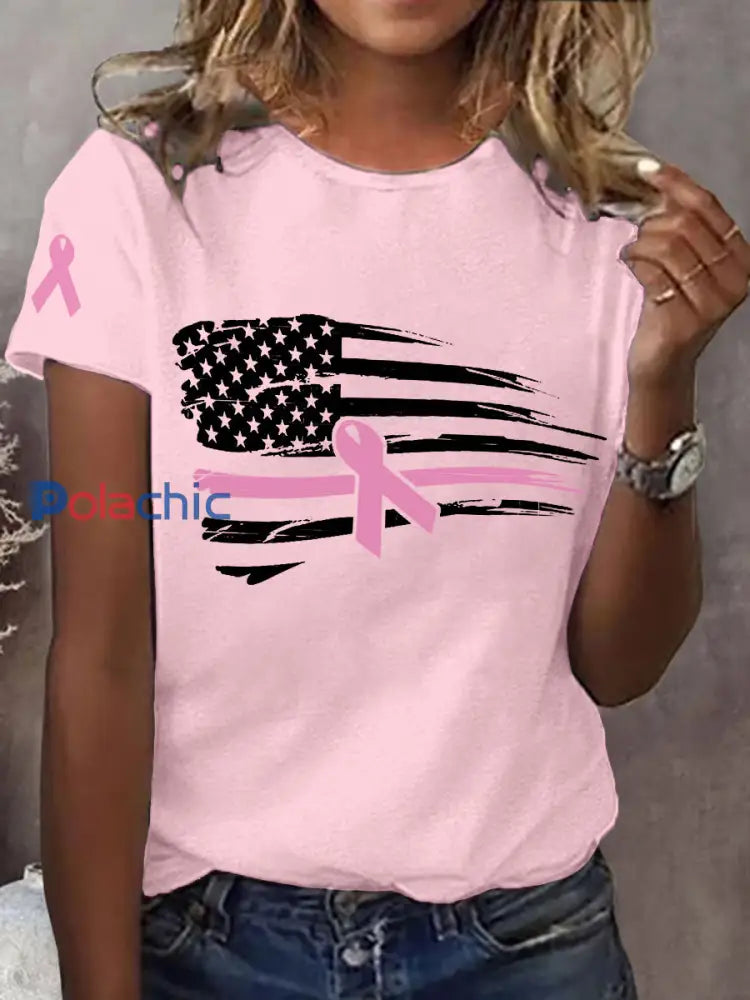 Ruban rose Drapeau américain Soutien de sensibilisation au cancer du sein Tee Rose Clair / S