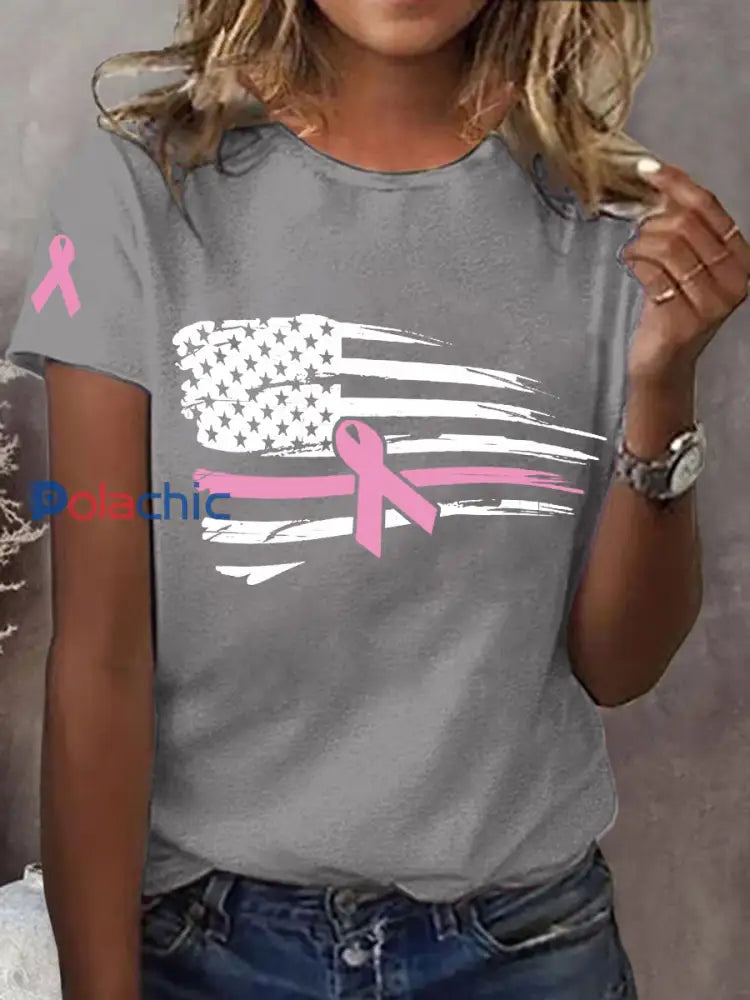 Ruban rose Drapeau américain Soutien de sensibilisation au cancer du sein Tee Gris Clair / S