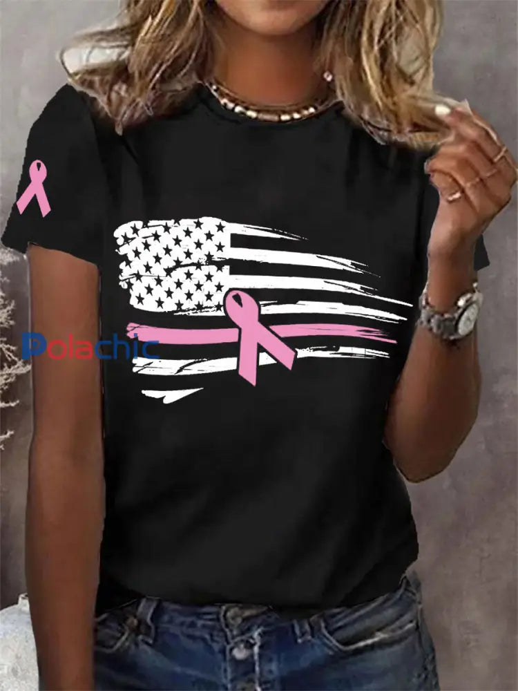 Ruban rose Drapeau américain Soutien de sensibilisation au cancer du sein Tee Noir / S