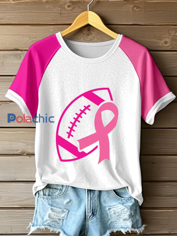 Ruban rose femme & Football Imprimer Cancer du sein T-shirt de sensibilisation Rose / S