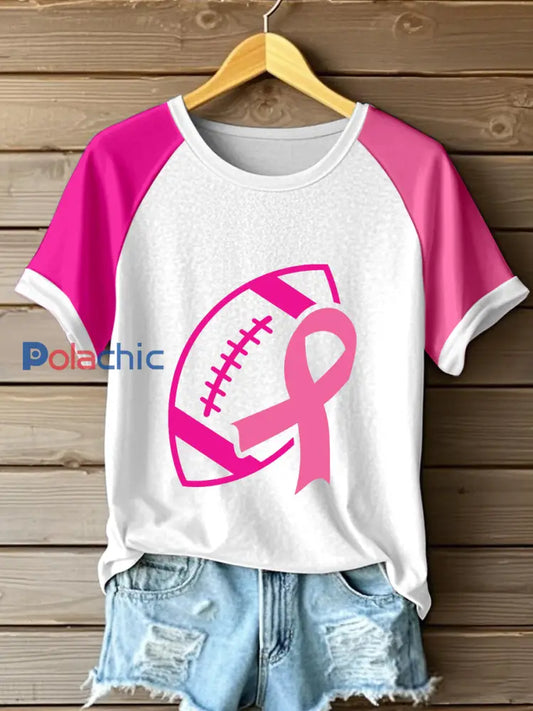 Ruban rose femme & Football Imprimer Cancer du sein T-shirt de sensibilisation Rose / S