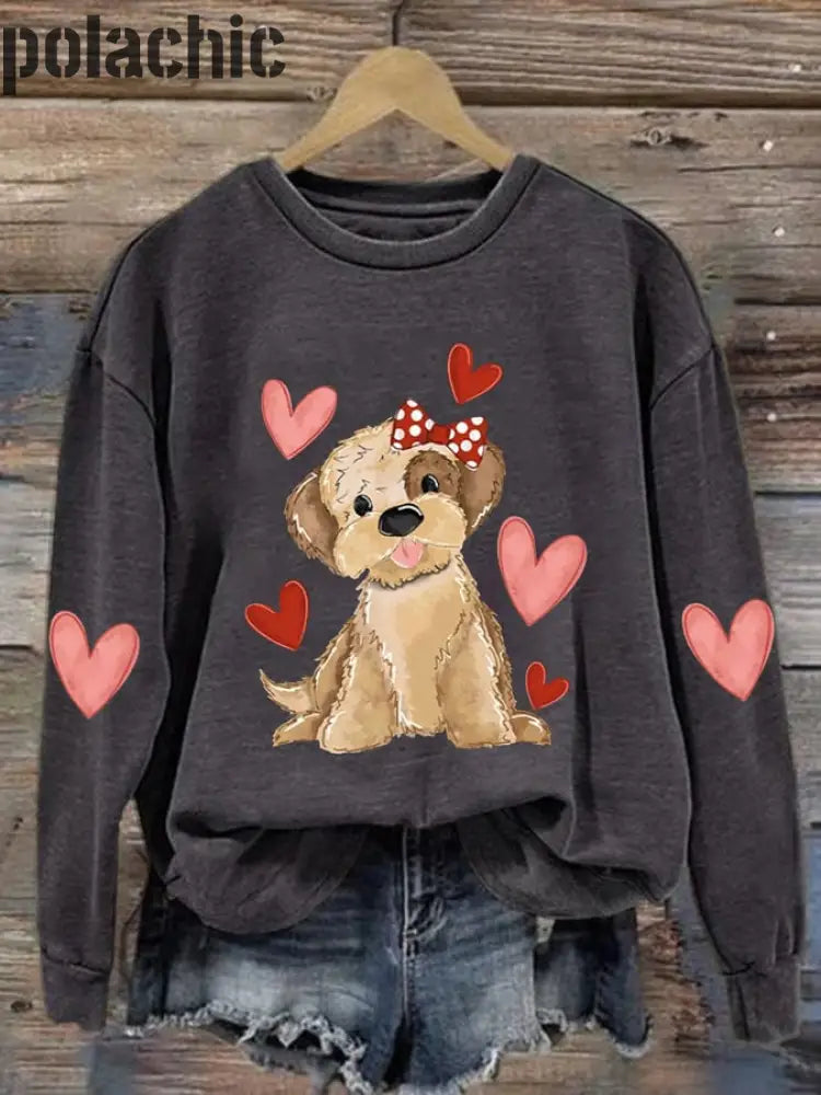 Saint-Valentin Chien Tissu Amour Imprimé Col Rond Pull Lâche À Manches Longues Sweat-Shirt B / S