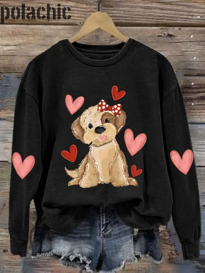 Saint-Valentin Chien Tissu Amour Imprimé Col Rond Pull Lâche À Manches Longues Sweat-Shirt A / S