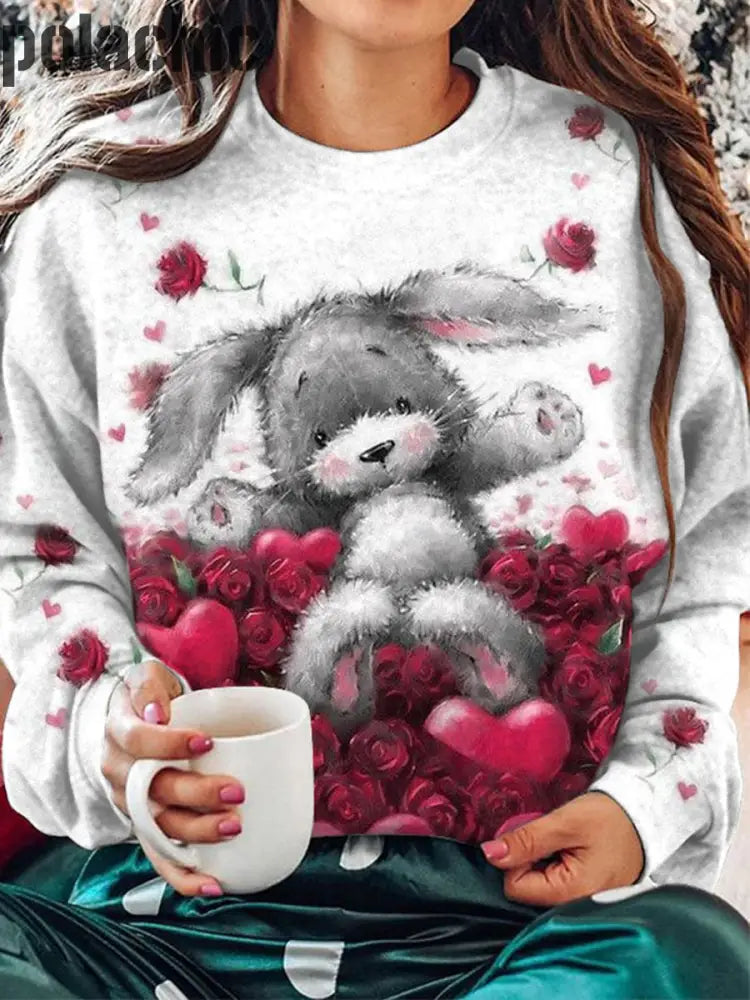 Saint Valentin Rose Lapin Imprimé Col Rond Pull Loose À Manches Longues Sweatshirt A / S