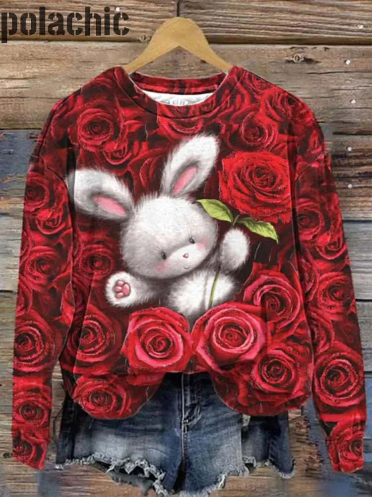 Saint Valentin Rose Lapin Imprimé Col Rond Pull Loose À Manches Longues Sweatshirt A / S