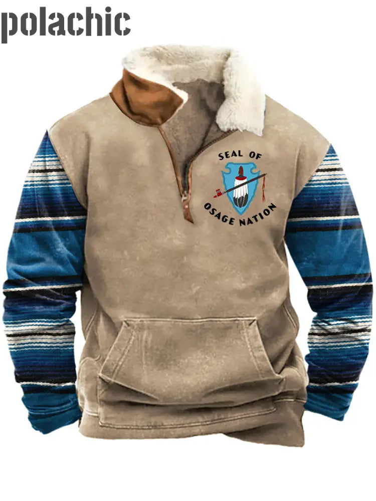 Seal Of Osage Nation Imprimé Revers Duveteux Col Fermeture Éclair Poche Casual Loose Sweatshirt