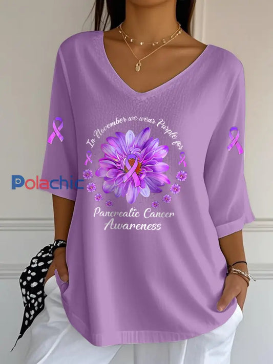 Sensibilisation au cancer du pancréas pour femmes T shirt à manches courtes et col en V lavande / S