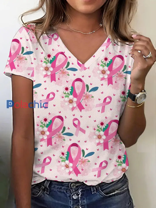 Sensibilisation au cancer du sein des femmes de ruban T-shirt imprimé floral Rose / S