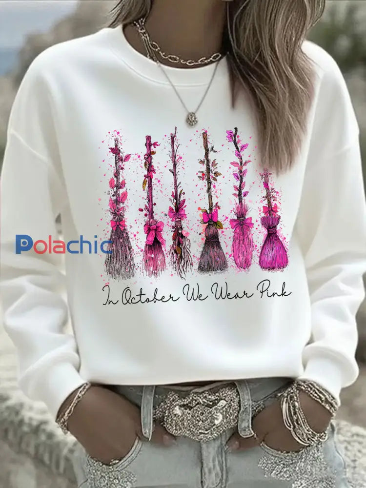 Sensibilisation au cancer du sein des femmes en octobre Nous portons un sweat shirt décontracté imprimé rose Blanc / S