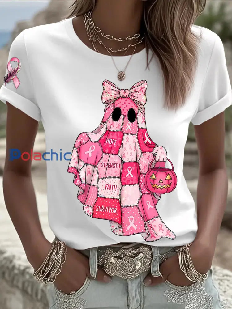 Sensibilisation au cancer du sein des femmes en octobre Nous portons un t shirt à manches courtes rose à ruban rose