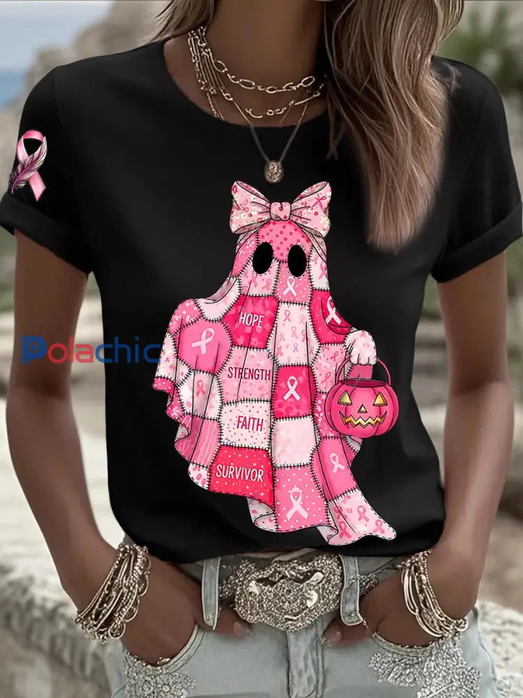 Sensibilisation au cancer du sein des femmes en octobre Nous portons un t shirt à manches courtes rose à ruban rose