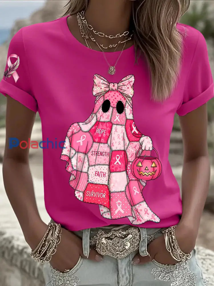 Sensibilisation au cancer du sein des femmes en octobre Nous portons un t shirt à manches courtes rose à ruban rose
