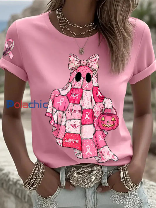 Sensibilisation au cancer du sein des femmes en octobre Nous portons un t shirt à manches courtes rose à ruban rose