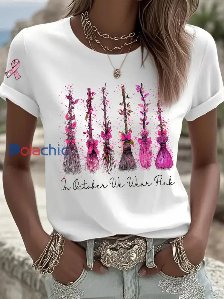 Sensibilisation au cancer du sein des femmes en octobre nous portons un t shirt décontracté imprimé rose Blanc / S