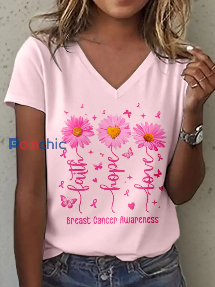 Sensibilisation au cancer du sein des femmes foi espoir amour imprimer v-Neck T-Shirt Rose / S