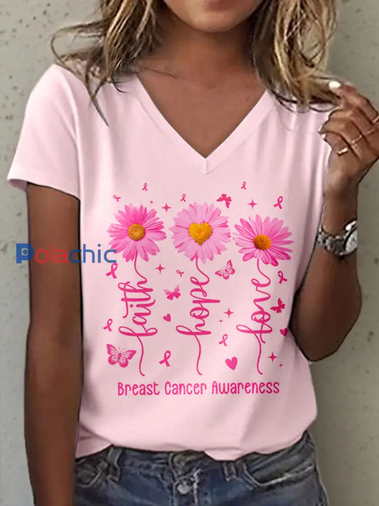 Sensibilisation au cancer du sein des femmes foi espoir amour imprimer v-Neck T-Shirt Rose / S