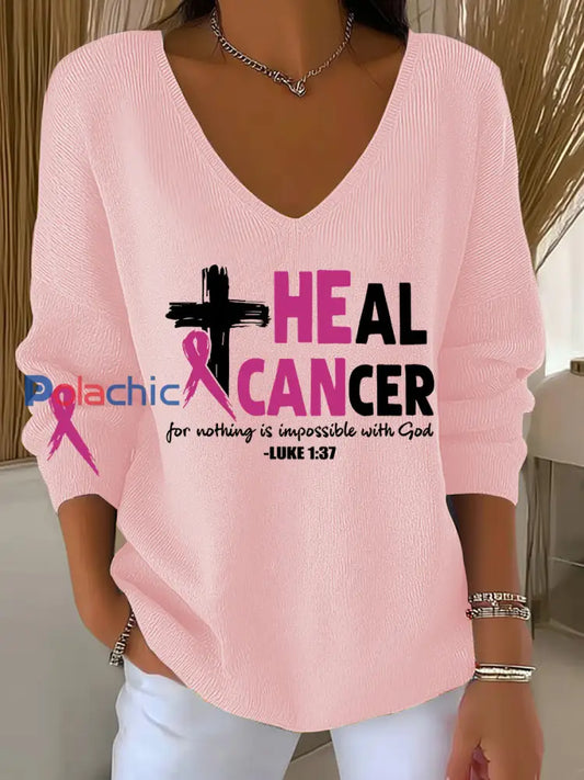 Sensibilisation au cancer du sein des femmes guérir le cancer ruban rose col en V haut côtelé Rose Clair / S