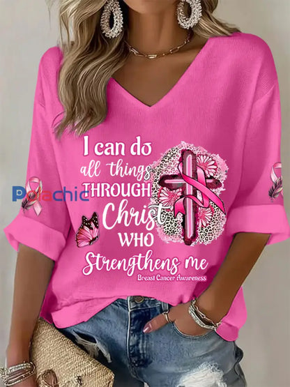 Sensibilisation au cancer du sein des femmes Je peux faire toutes les choses à travers le Christ T shirt gaufré ruban